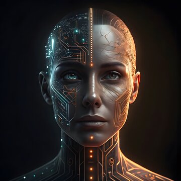 Close up portrait of a woman with a cyborg face split between human and technology