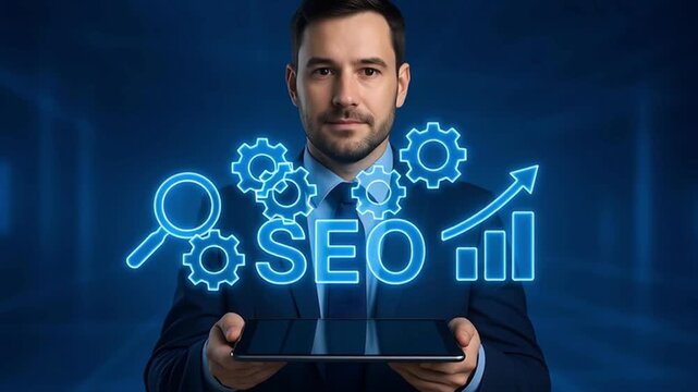 SEO strategy and growth with neon icons
