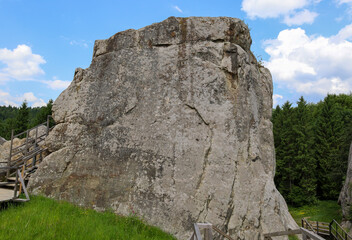 A massive, monolithic rock rising from the ground dominates the landscape, its surface covered in unique patterns.