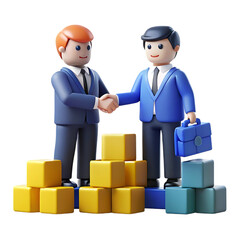 Obraz premium Cartoon Businessmen Shaking Hands Achieving Success Standing on Stacked Cubes Illustrating Corporate Growth and Strategic Partnerships Against a Dark Background