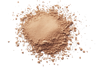 Loose tan makeup powder spilled and scattered isolated on transparent background