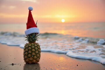 A single pineapple with a red Christmas hat stands on wet sand by the shore. The sunset paints the sky orange and pink, with gentle waves rolling in