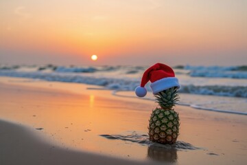 A single pineapple with a red Christmas hat stands on wet sand by the shore. The sunset paints the sky orange and pink, with gentle waves rolling in