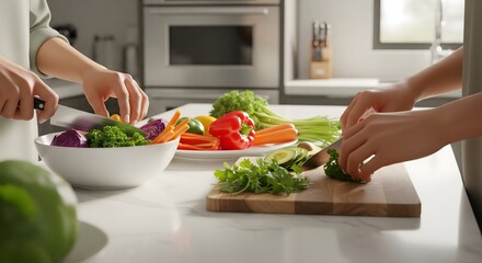 Couple preparing fresh vegetables together in a modern kitchen