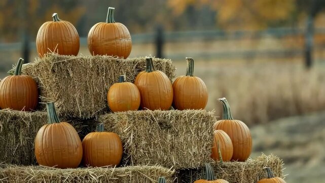 Colorful pumpkins are stacked on hay bales amidst the warm hues of fall, creating a festive atmosphere perfect for seasonal celebrations