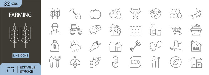 Farming icons set. Includes icons for tractor, crops, barn, field, irrigation, harvest, and livestock. Editable stroke. Line icons. Perfect for infographics.