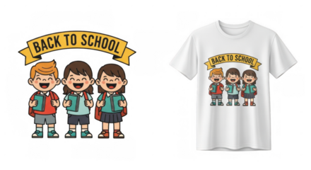 Joyful students on a back to school t-shirt design with cartoon style characters