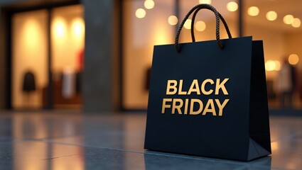 A black shopping bag labeled "BLACK FRIDAY" in gold, set against a blurred storefront background.