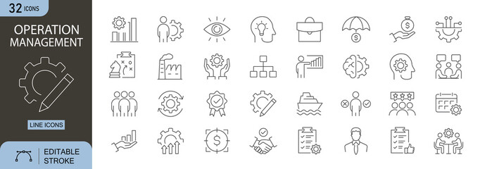 Operation Management icons set. Includes icons for process, task, workflow, efficiency, and control. Editable stroke. Line icons. Perfect for infographics, projects, and business systems.