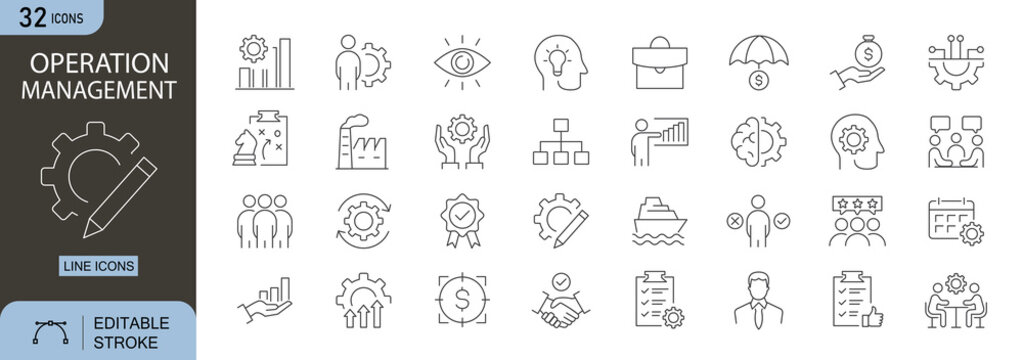 Operation Management icons set. Includes icons for process, task, workflow, efficiency, and control. Editable stroke. Line icons. Perfect for infographics, projects, and business systems.
