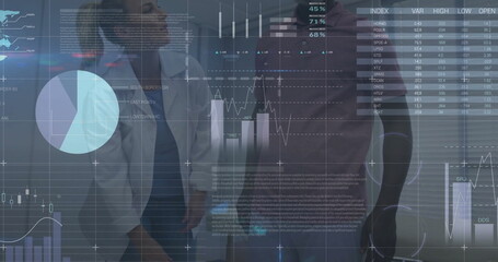 Doctor in lab coat reviewing data overlays with patient in clinic, with stethoscope and cane