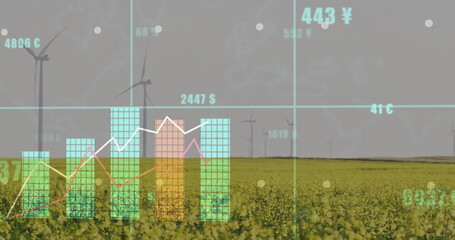 Displaying bar graphs and line charts merging at wind farm with yellow flowering field and turbines