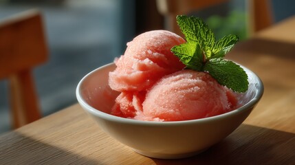 Refreshing pink sorbet served in a bowl, garnished with mint leaves on a wooden table in a cozy cafe setting