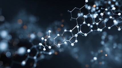 Abstract hexagonal molecular structures with glowing connections in futuristic technology background for biotechnology, medical research, and modern science design