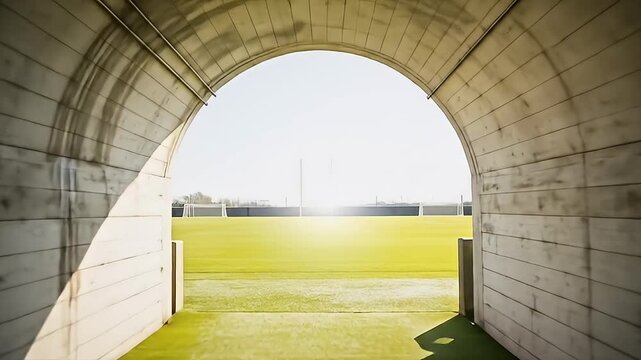Arched concrete tunnel leads to a sunny green field, creating depth and contrast