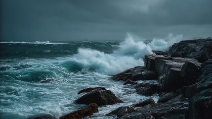 Dramatic Coastal Fury: An awe-inspiring panorama of the rugged coastline, where colossal waves crash against ancient, rocky shores under a stormy sky, showcasing nature's untamed power.