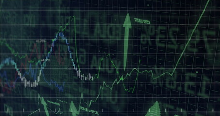 Displaying data rising on screen, with colored line graphs, candlesticks and ticker text