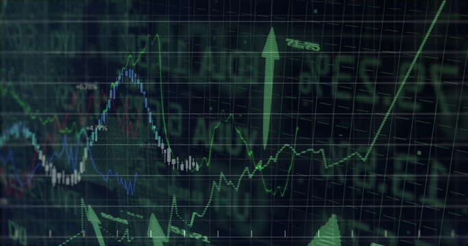 Displaying data rising on screen, with colored line graphs, candlesticks and ticker text
