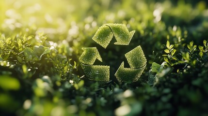 A close up of a green recycling symbol made of grass surrounded by greenery and bright sunlight