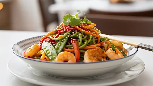 Shrimp and vegetable noodles in patterned bowl, topped with cilantro, on white surface