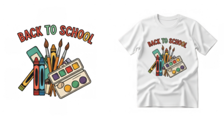 Appealing back to school design featuring vibrant art supplies on a white shirt