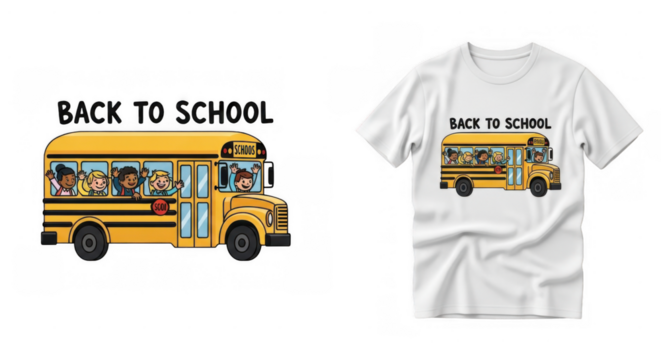 Cartoon school bus graphic, featuring children, design for back to school