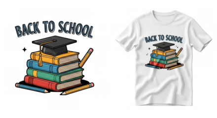 T-shirt design showcasing return to school with books and graduation cap design