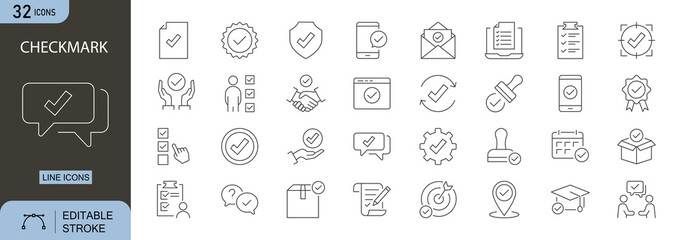 Checkmark icons set. Includes icons for tick, approve, done, correct, verified, and success. Editable stroke. Line icons. Perfect for infographics.