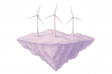 Wind turbines generating renewable electricity standing on floating platform against transparent backdrop