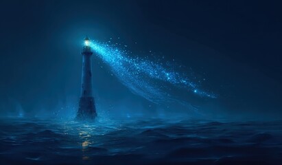 Lighthouse, glowing, misty night sea