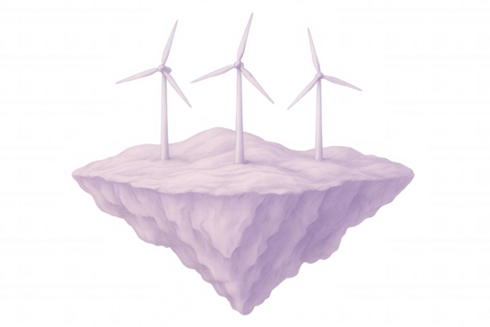 Wind turbines generating renewable electricity standing on floating platform against transparent backdrop