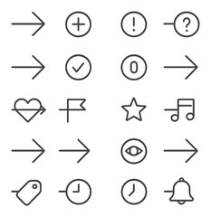 Minimalist icon set featuring arrows, symbols, and music note on grayscale background