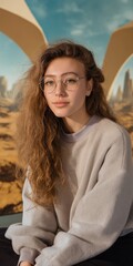 Young caucasian female with long curly hair and glasses in artistic desert backdrop