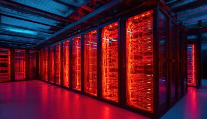 Interior server room, glowing red