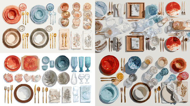 Description: Watercolor illustration of elegant table settings with plates, glasses, cutlery, and napkins in decorative styles, ideal for weddings, events, and festive dining.