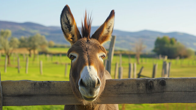 Donkey Looking Over Wooden Fence on Sunny Farm - Powered by Adobe