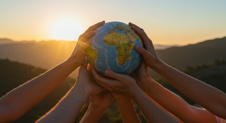Diverse hands uniting to protect our shared earth globe under a golden sunset symbolizing global collaboration and sustainability