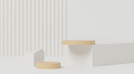 3d render, minimal podium with beige cylinders and white geometric blocks on striped background