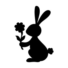 Elegant black silhouette of a bunny holding a blooming flower in its paws