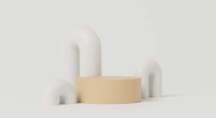 3d render, abstract podium with beige cylinder and white curved arches on minimal background