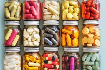 Various of vibrant bottles multivitamin, colorful pills and capsules on blue background. Medical treatment concept. Healthcare. medications and supplements. Flat lay, top view