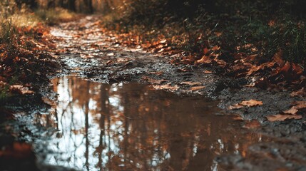 Scenic muddy forest trail covered with russet autumn leaves and a clear puddle reflecting the sky