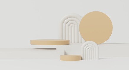 3d render, minimal podium with beige circles and white abstract arches on clean background