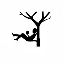 Young person reading under a tree silhouette isolated on white background