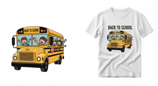 Cheerful return to education: kids riding school bus design for apparel printing