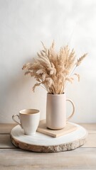 Beige aesthetic still life with pampas grass in a ceramic vase and coffee cup