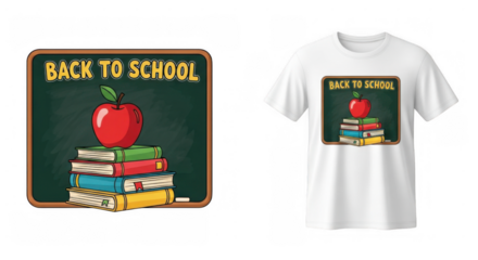 Whimsical back to school graphic design with apple and book illustration