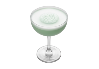 A perfectly crafted pale mint green Grasshopper cocktail in a pristine stemmed coupe glass, with a frothy top and creamy texture, centered on a transparent studio background. Concept for beverage