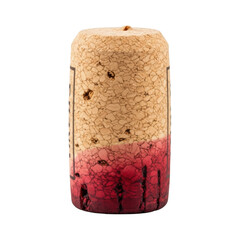 Natural cork wine stopper, subtly textured, porous, with red wine stain, isolated on pristine transparent background, uniform shadowless studio lighting, concept of product photography