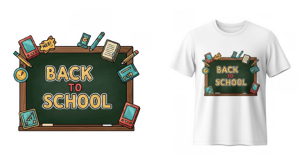 A trendy back to school themed cartoon graphic design printed on a t-shirt